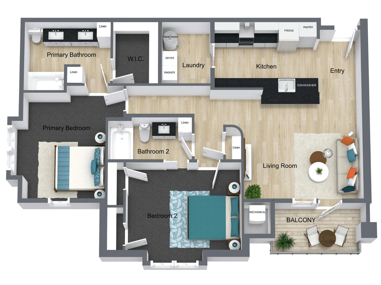 3D Floor Plan 2 Bedroom 2 Bathroom Called The Broadway At Boulevard 45 3D Floor Plan 2 Bedroom 2 Bathroom Called The Broadway At Boulevard 45
