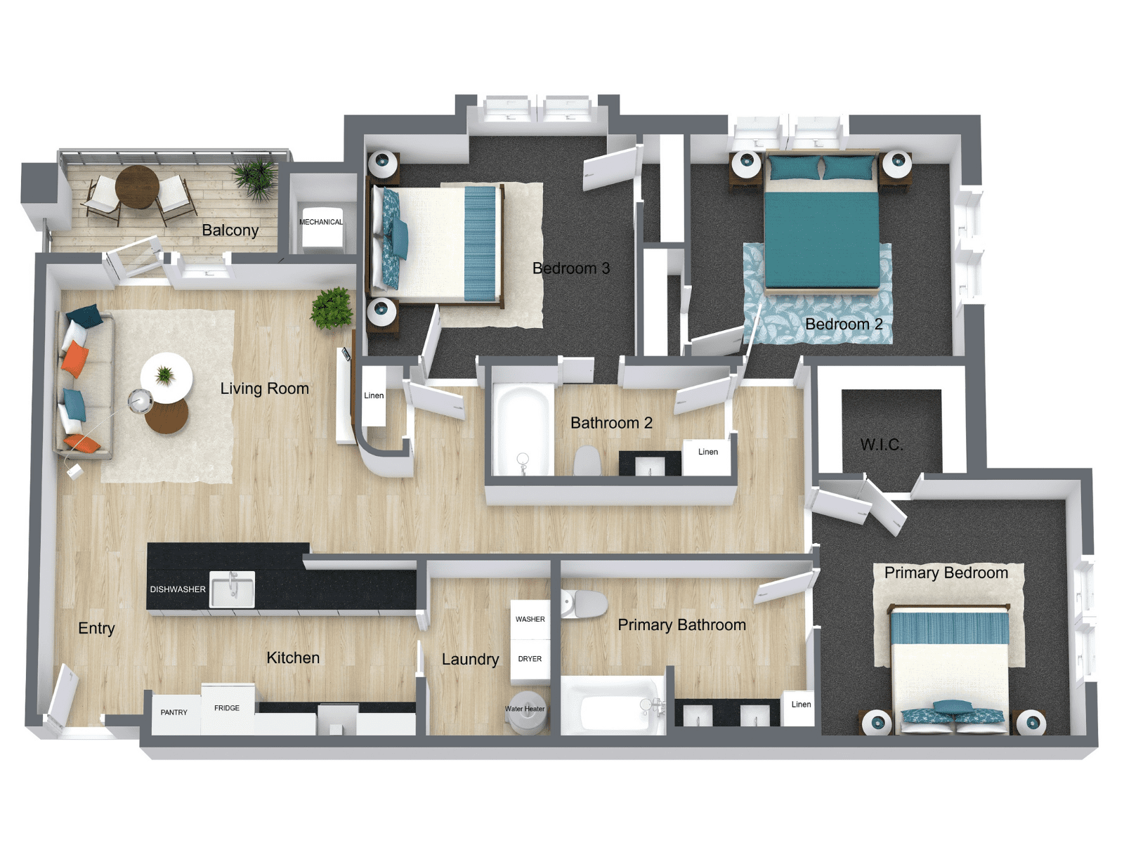 3D Floor Plan 3 Bedroom 2 Bathroom Called The Sunset At Boulevard 45 3D Floor Plan 3 Bedroom 2 Bathroom Called The Sunset At Boulevard 45